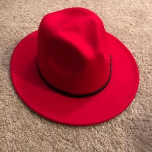 Bright red wide brim fedora